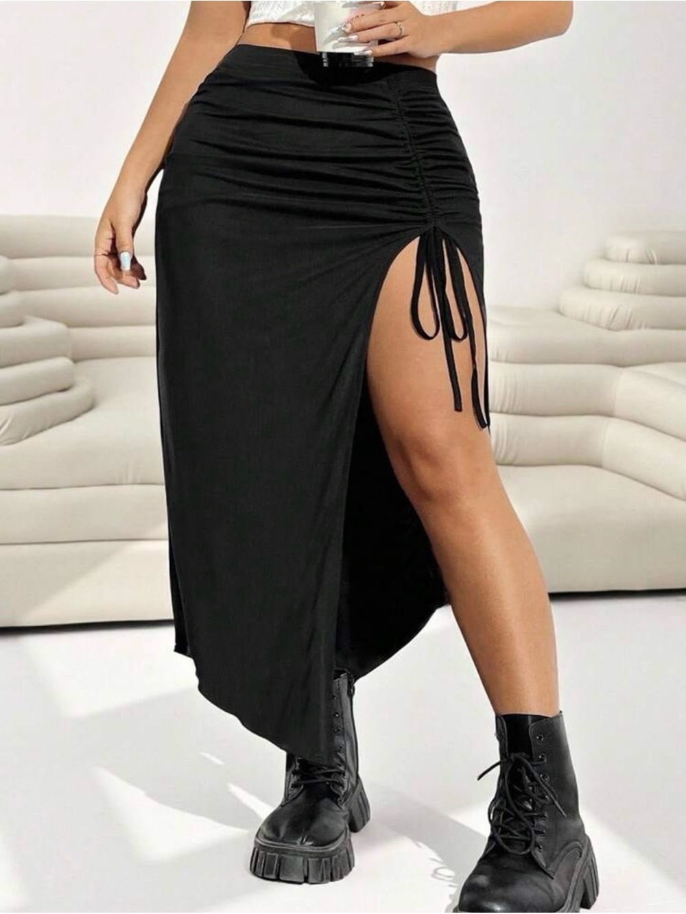 Ruched High-Slit Maxi Skirt - Black